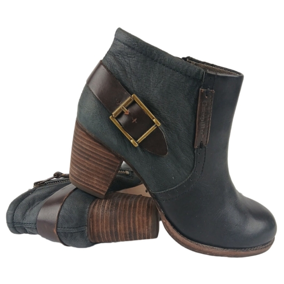 CAT Caterpillar 6.5 Black Brown Annette Ankle Boots Buckled Leather Booties Heel - Picture 8 of 15